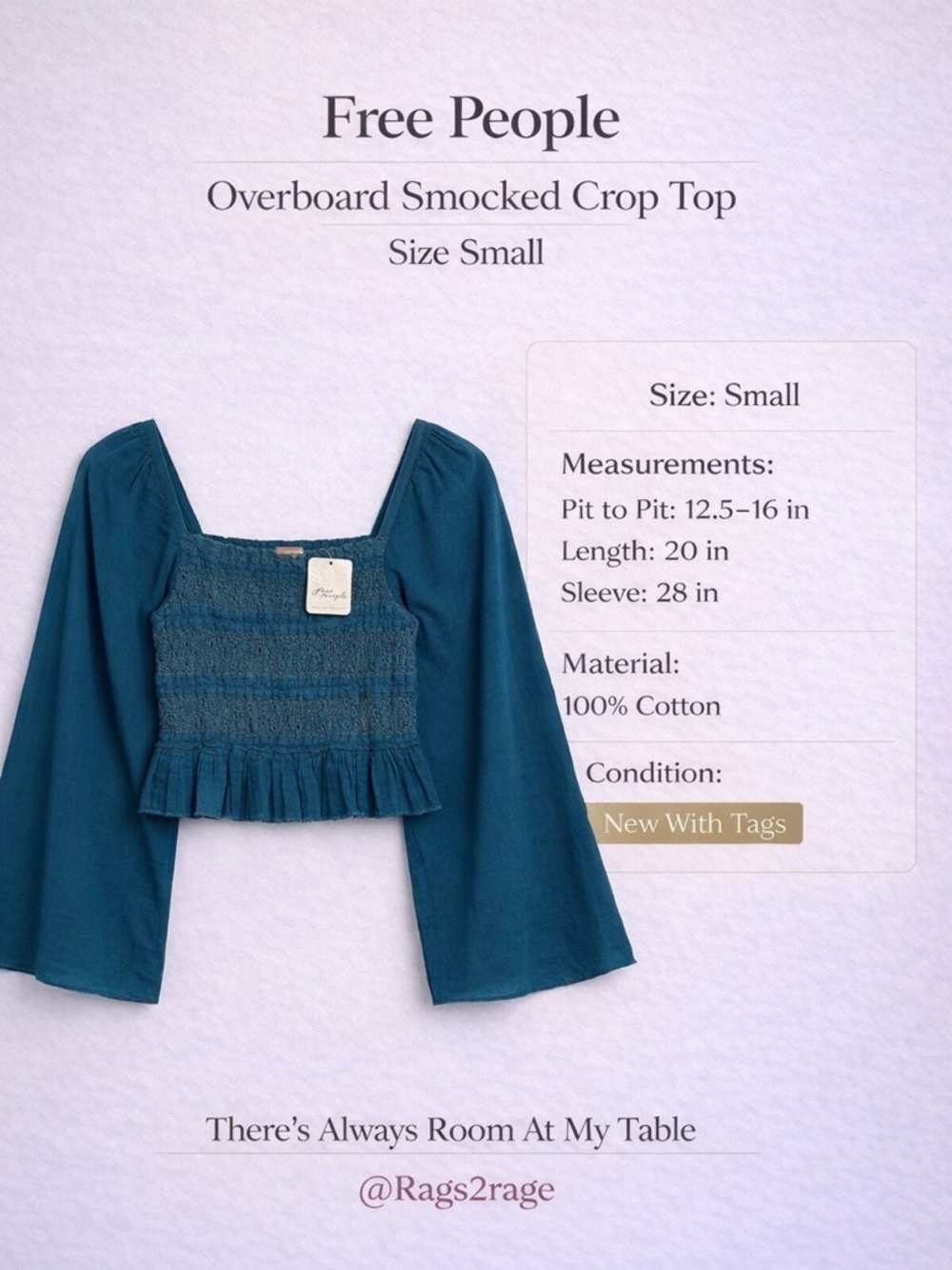Free People Overboard Top NWT Small Smocked Crop Boho Blouse